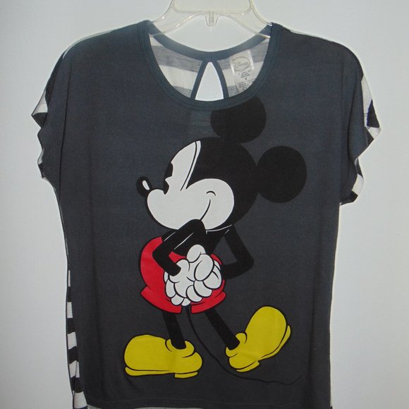 Disney Women Top Medium Gray T-Shirt Graphic Mickey Mouse Back Striped Keyhole - Picture 5 of 5